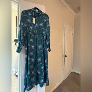 MELLODAY Teal and White Floral Long Sleeve Dress
